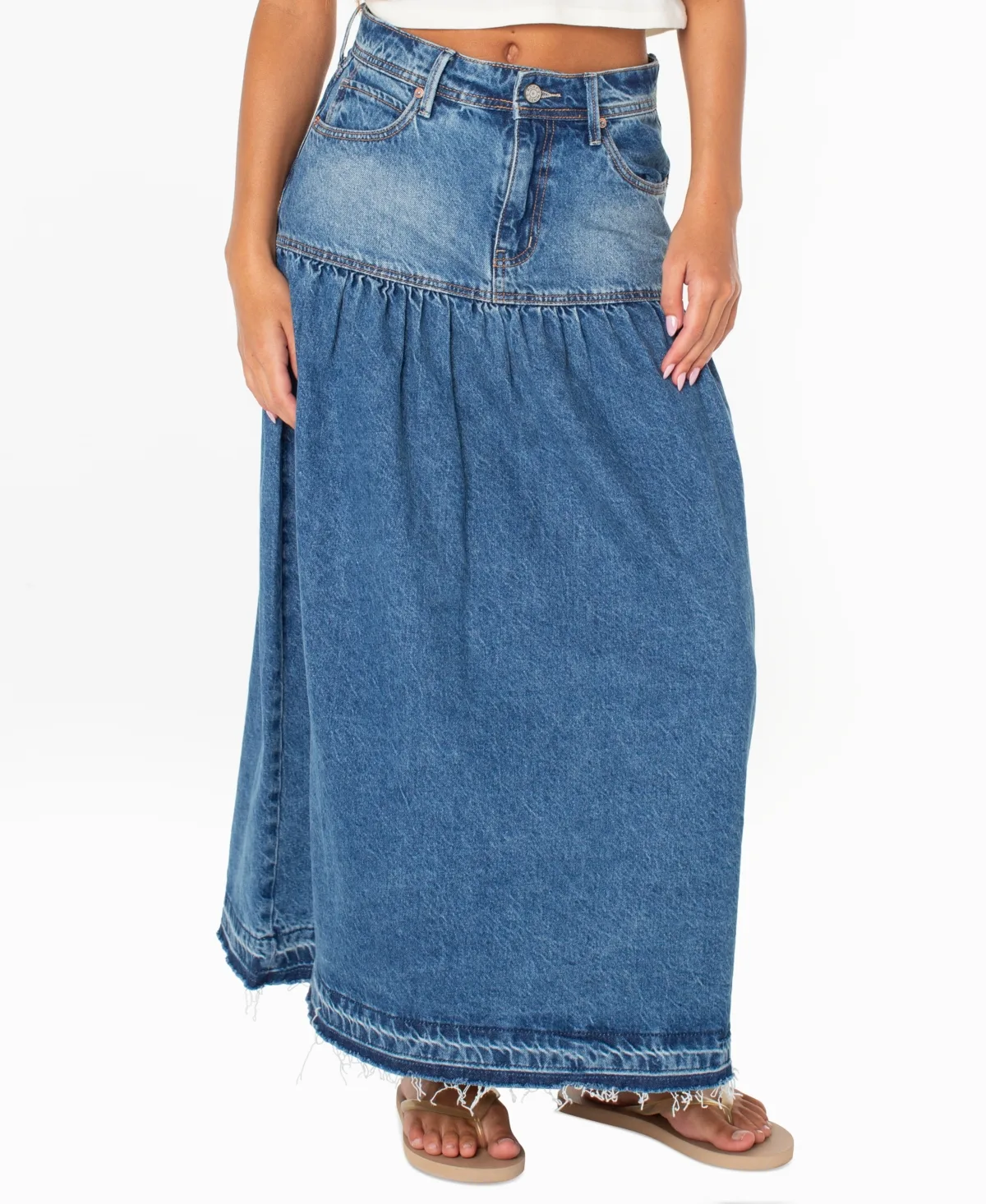 Nocturne Prairie High-Waisted Tiered Maxi Denim Skirt by Roxy