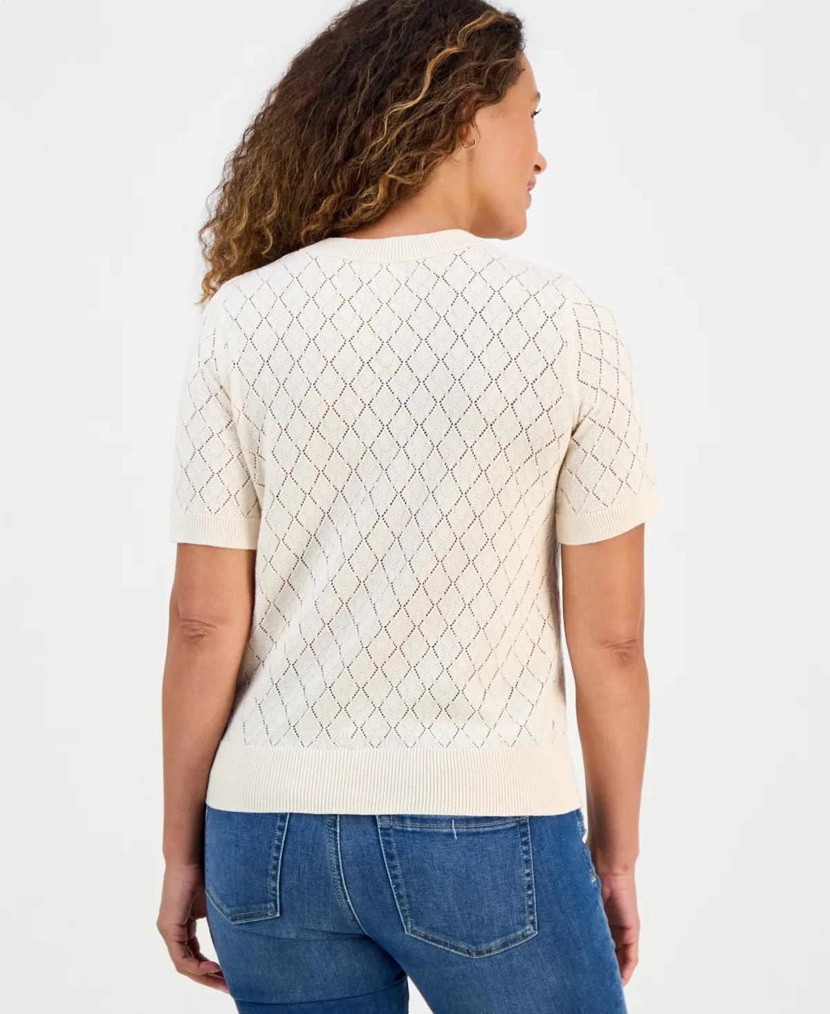 Short-Sleeve Pointelle-Knit Crewneck Sweater by Style & Co