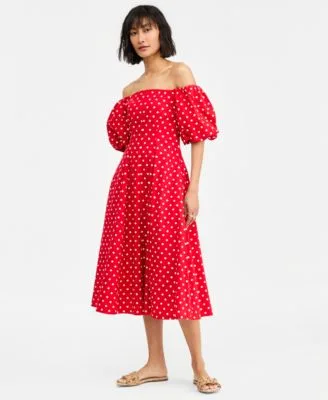 Off the Shoulder Puff Sleeve Midi Dress by On 34th