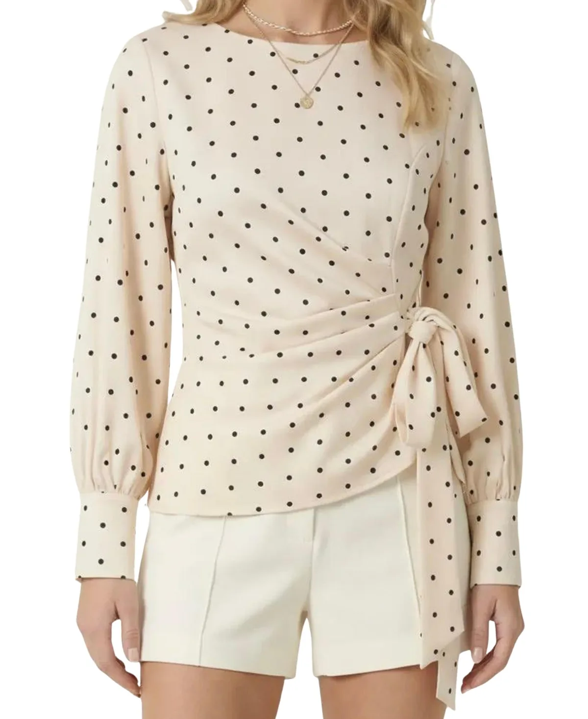 Polka Dot Wrap Side-Tie Boat Neck Long-Sleeve Top by Modenaire
