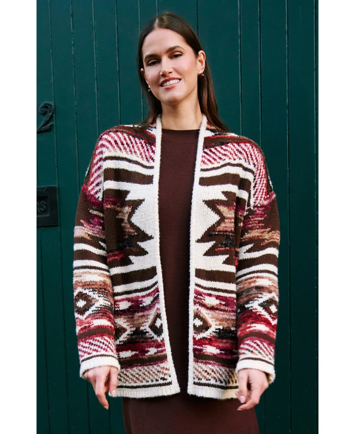 Boucle Geometric-Print Open Front Cardigan by Yumi