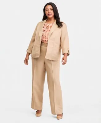 Linen Open Front Seamed Roll Tab Sleeve Jacket Linen High Rise Press Pleat Wide Leg Pants by Kasper