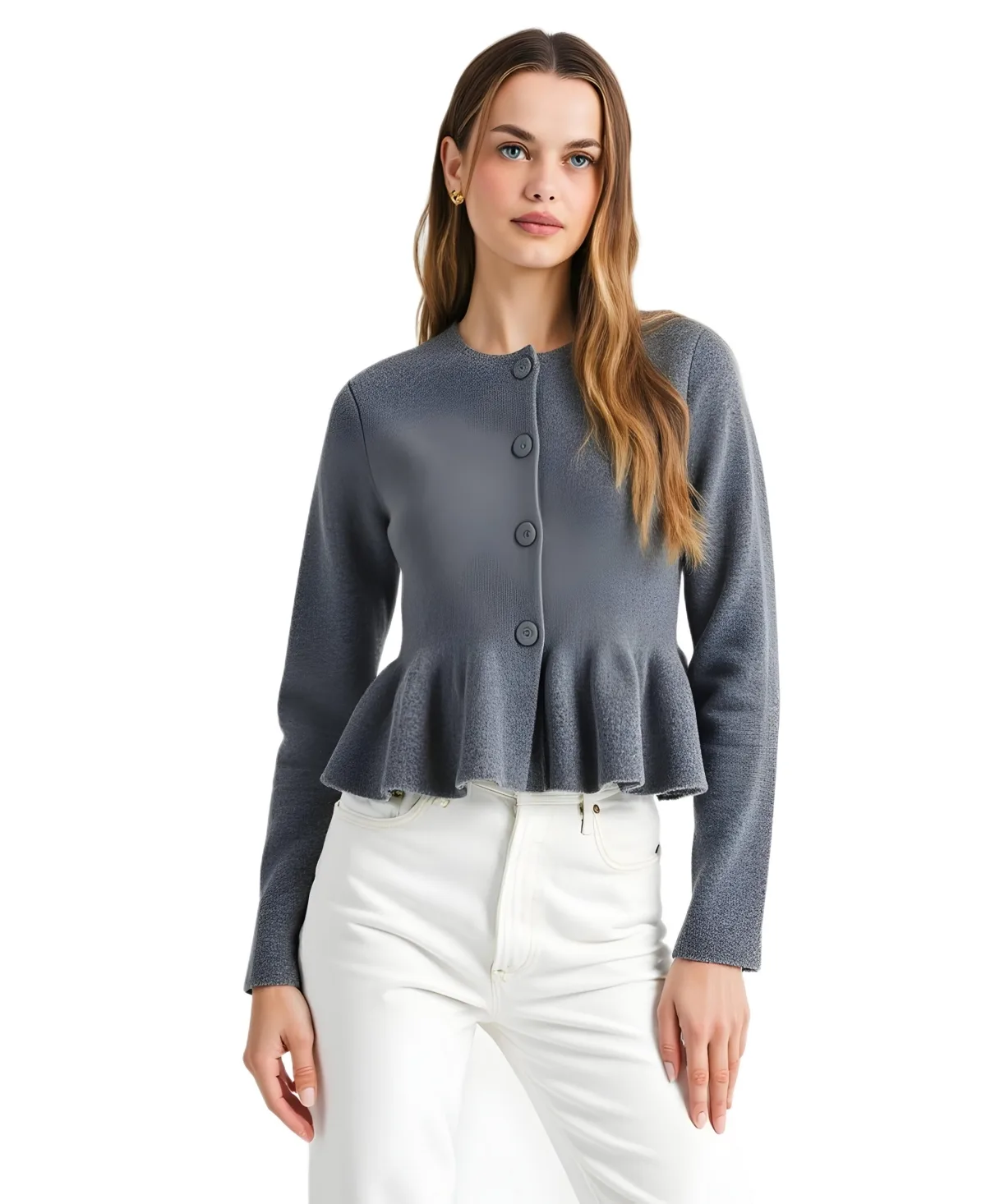 Crewneck Button-Front Peplum Cardigan by Modenaire