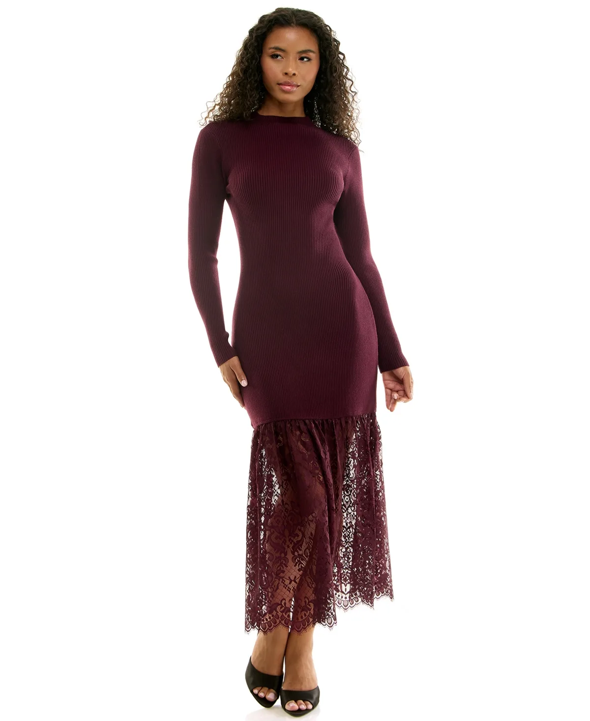 Long-Sleeve Mock-Neck Lace-Trim Midi Sweater Dress