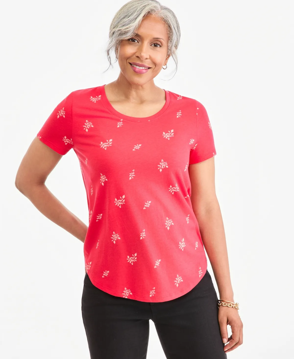 Petite Perfect Floral-Print Curved-Hem T-Shirt by Style & Co
