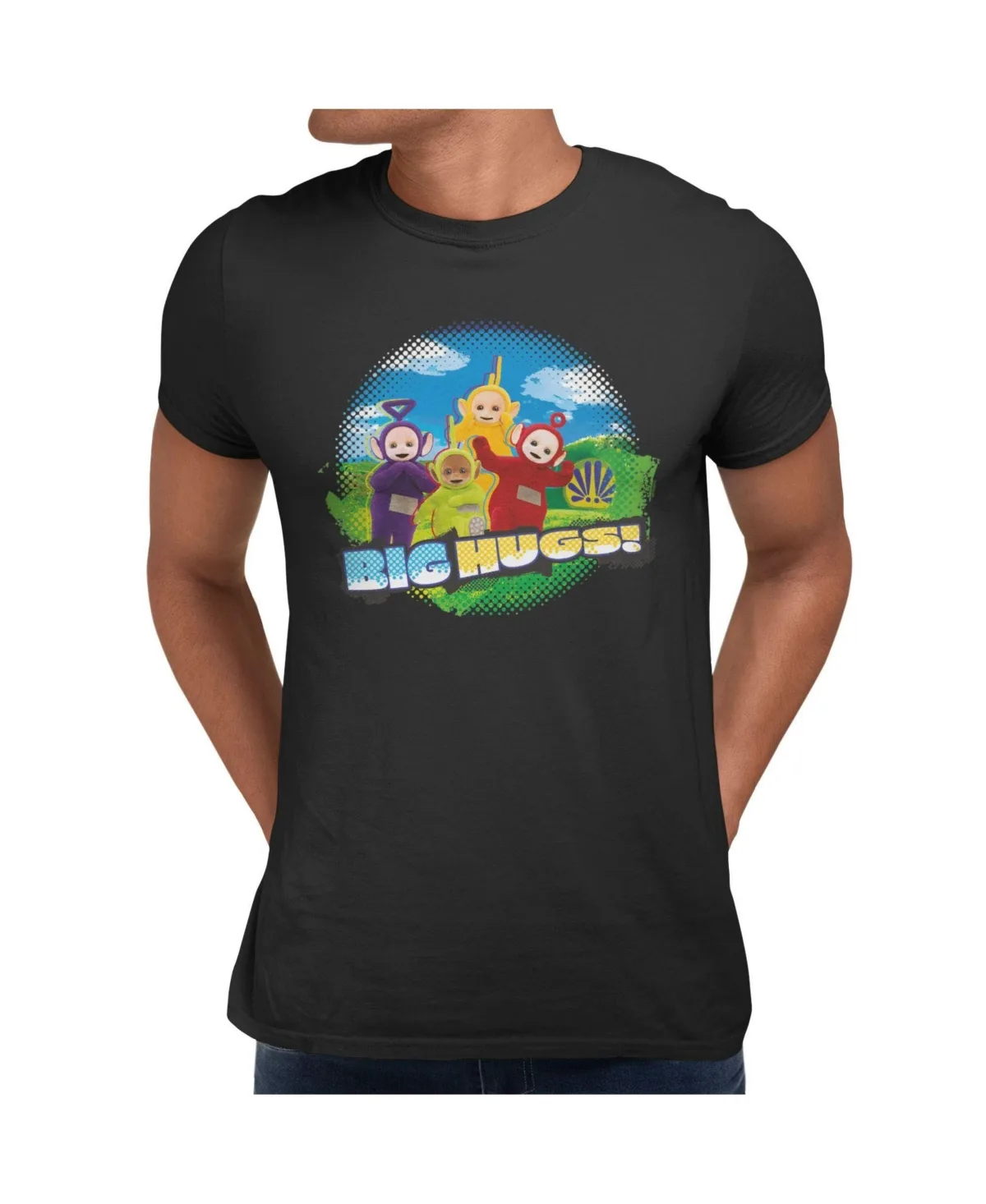 Teletubbies Hugs Outdoor Scene Characters Graphic Crewneck T-Shirt by Teletubbies