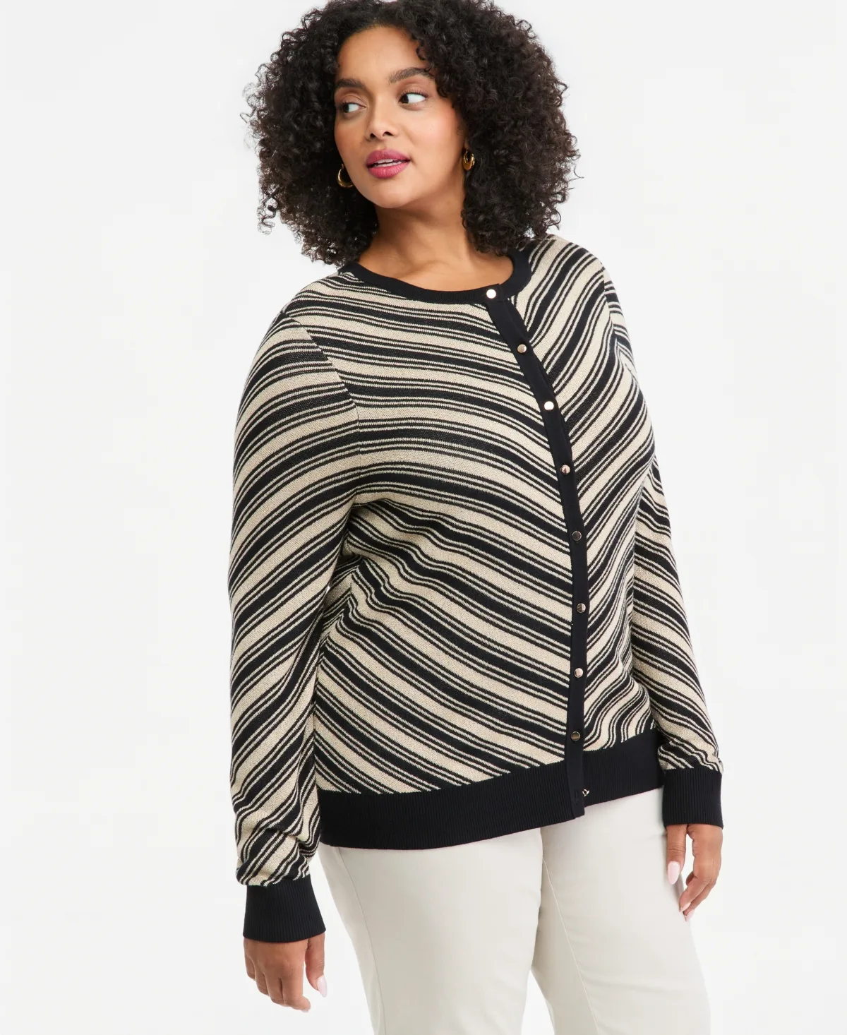 Lurex-Stripe Crewneck Long-Sleeve Cardigan