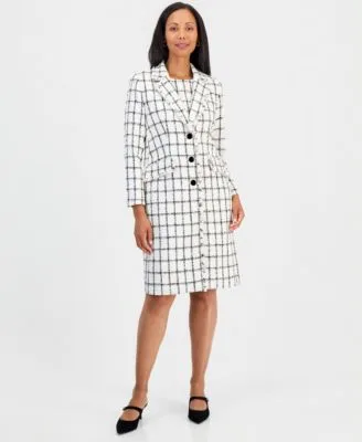 Sleeveless Windowpane Tweed Crepe Sheath Dress Fringe Trim Duster Jacket by Kasper