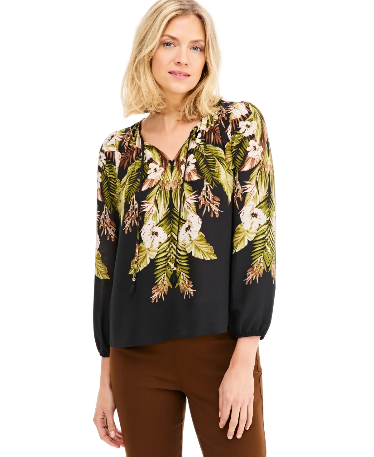Tropical Shirred Long-Sleeve Top by JM Collection