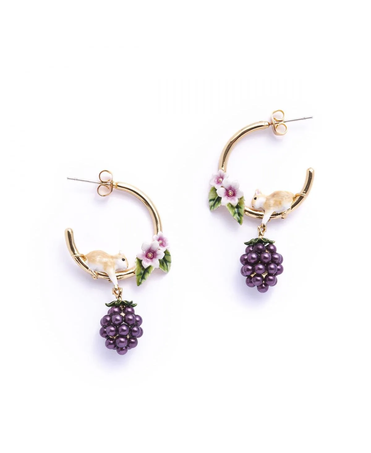 Faux Pearl and Gold-Tone Blackberry and Mouse Hoop Earrings by Bill Skinner Studio