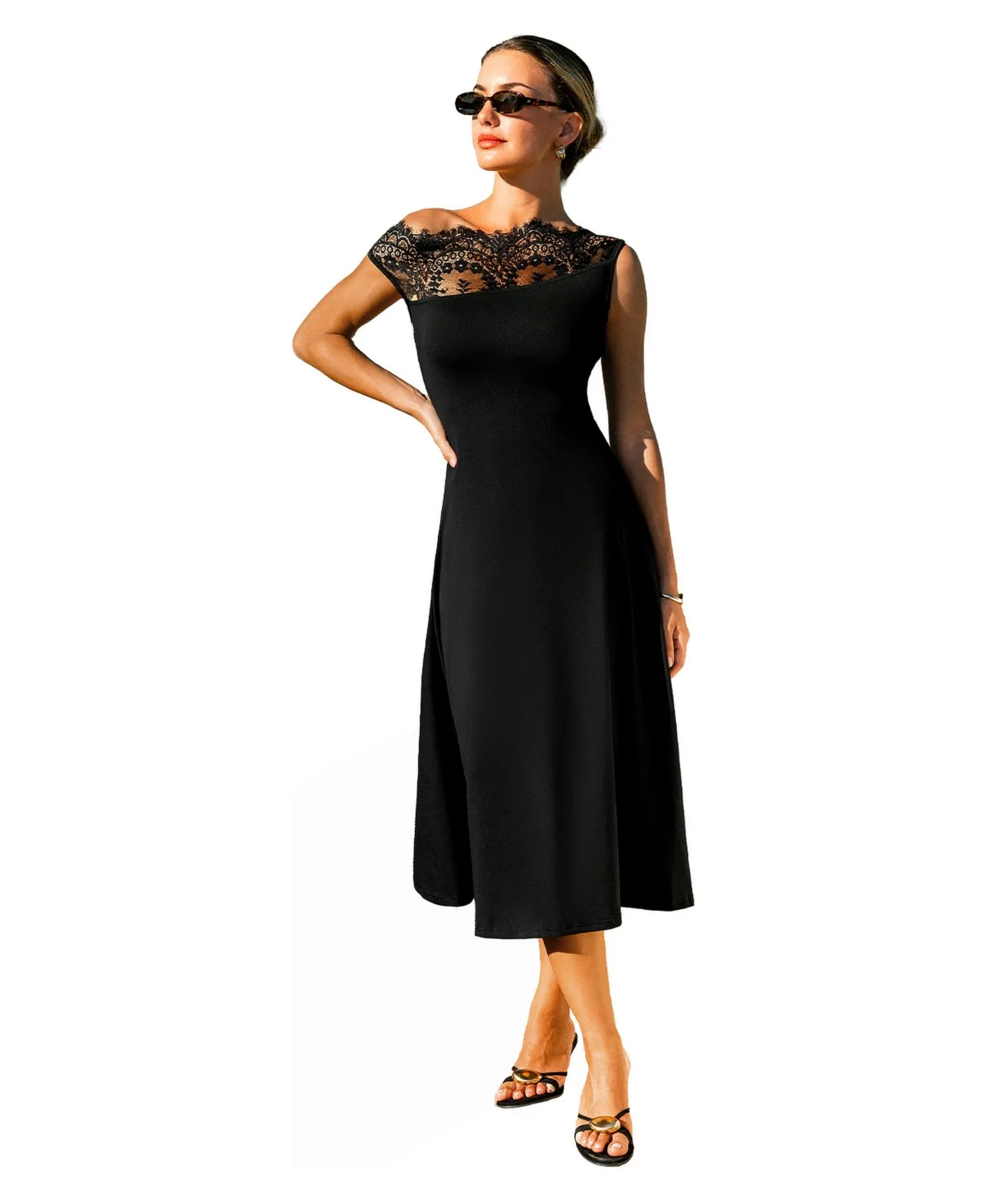 Off-the-Shoulder Lace-Trim A-Line Midi Dress