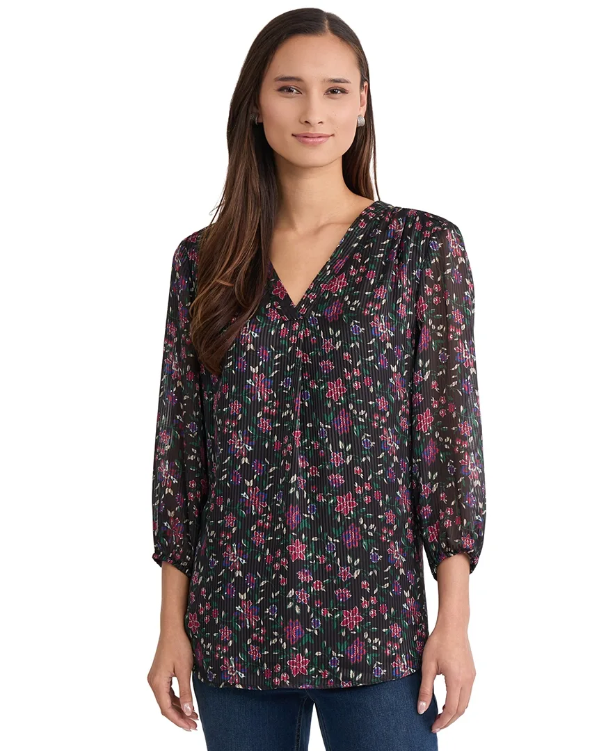 3/4-Sleeve Floral V-Neck Tunic by Jones New York