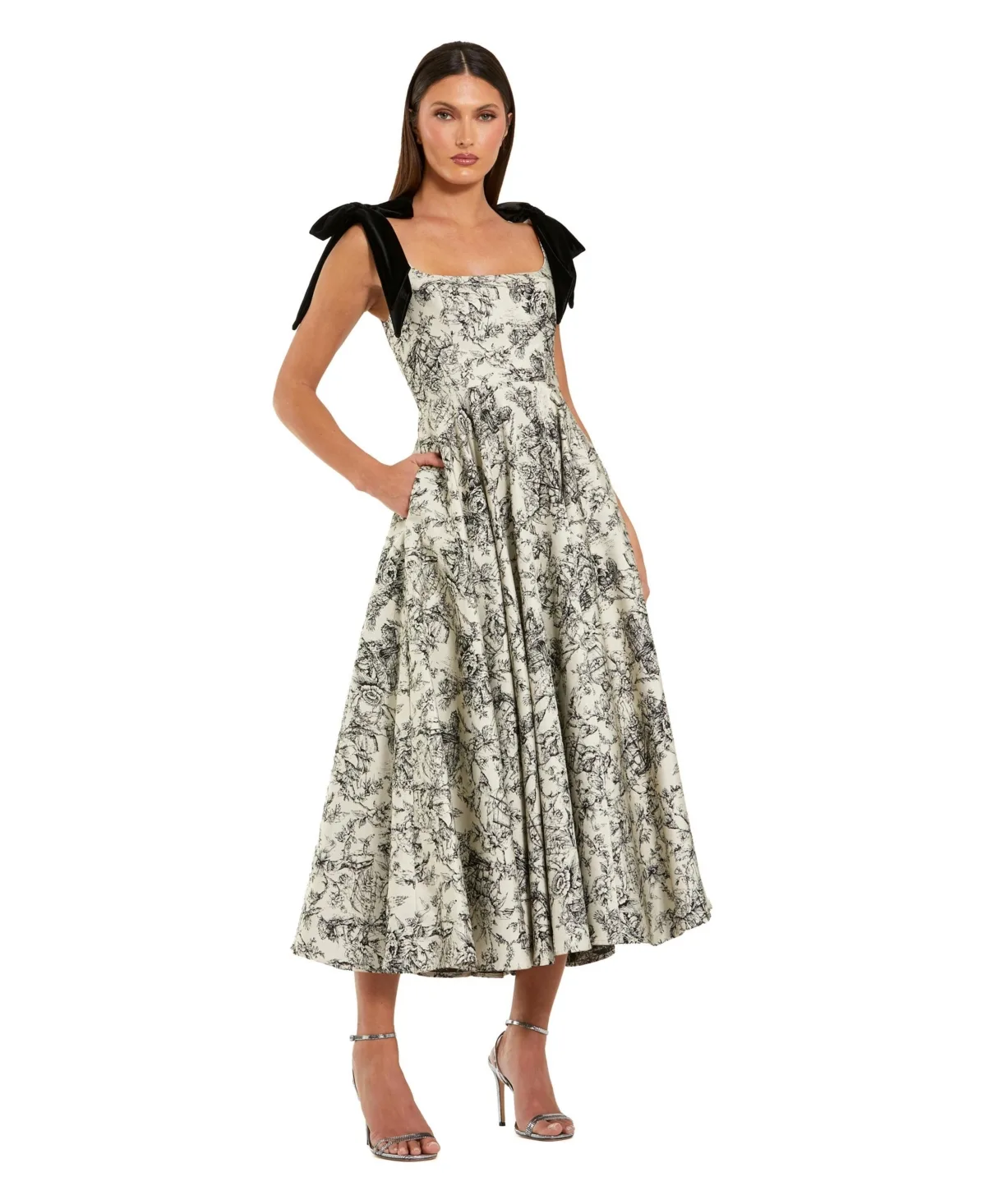 Mac Duggal Floral Brocade A-Line Midi Dress with Bow Straps