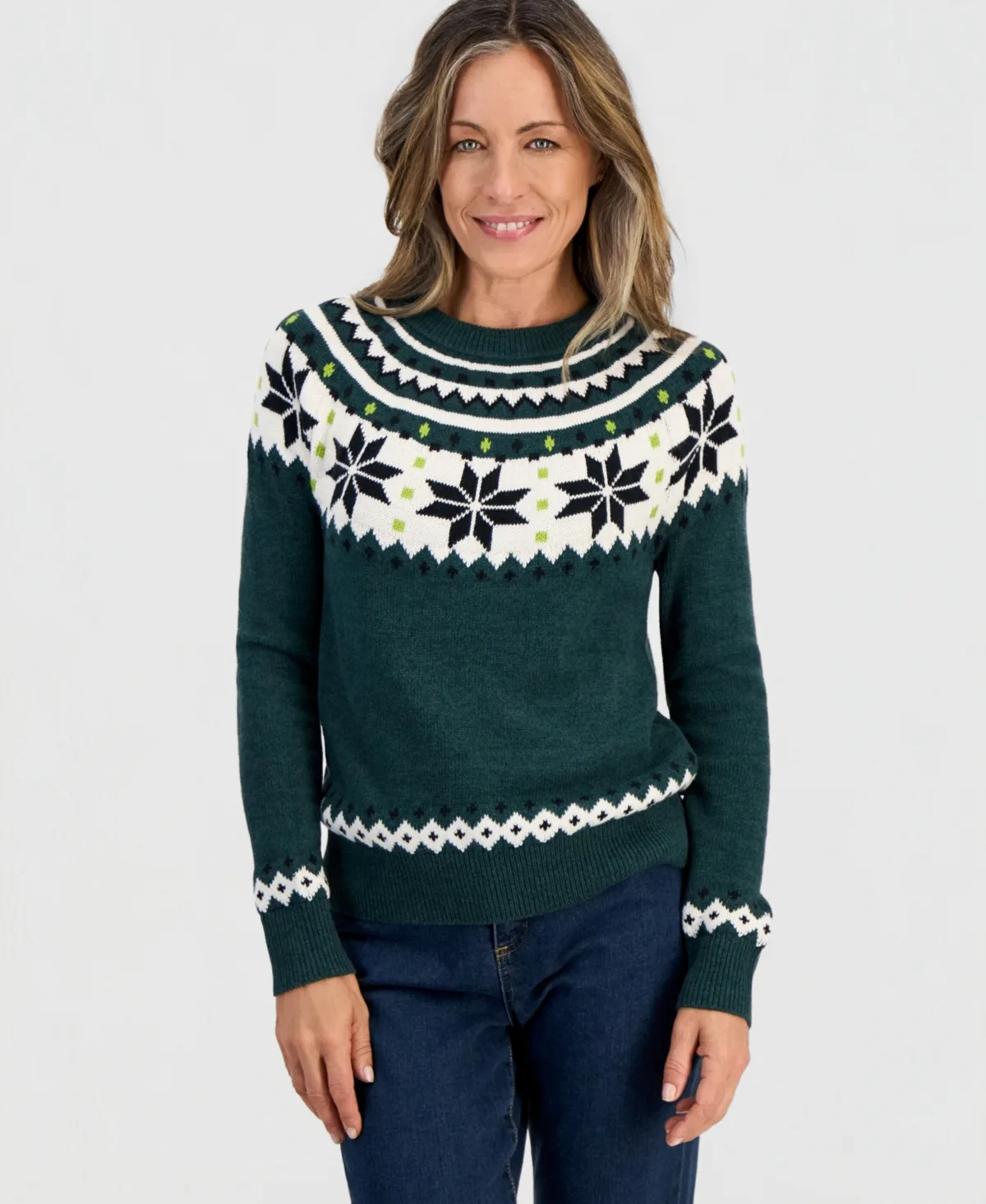 Whimsy Snowflake Fair Isle Pullover Cotton-Blend Crewneck Sweater