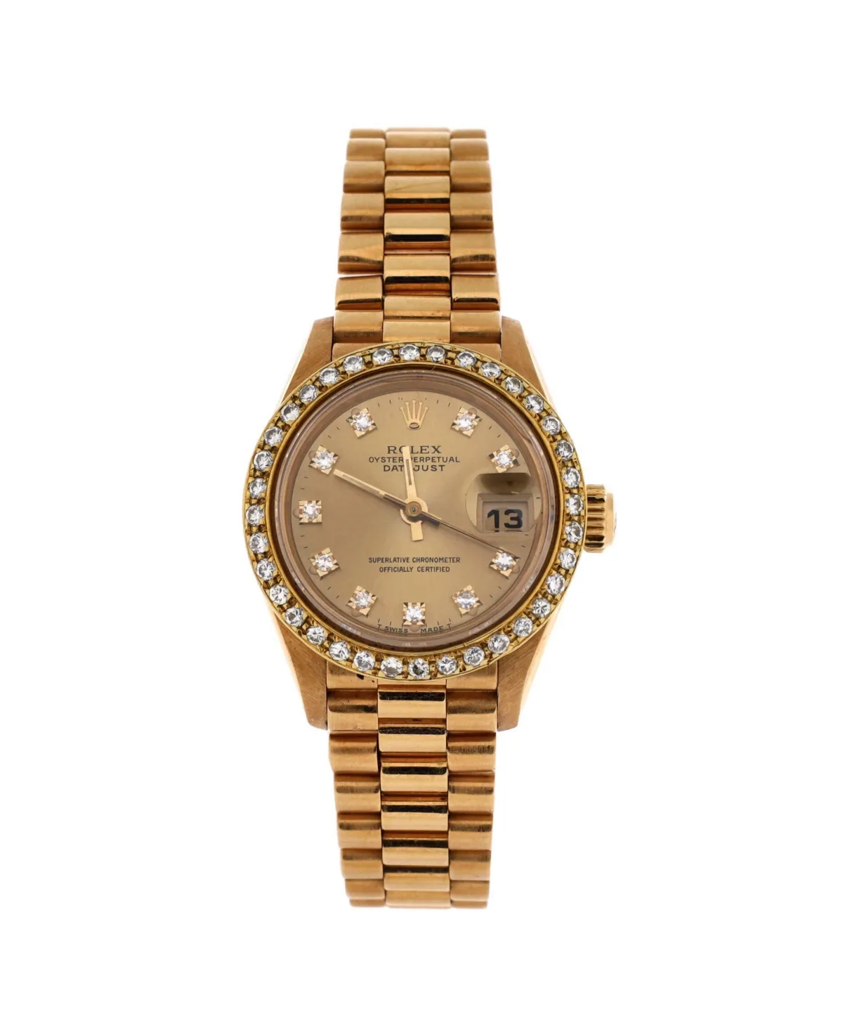 Pre-Owned Rolex Oyster Perpetual President Datejust Automatic Watch with Diamond Bezel and Markers 26mm