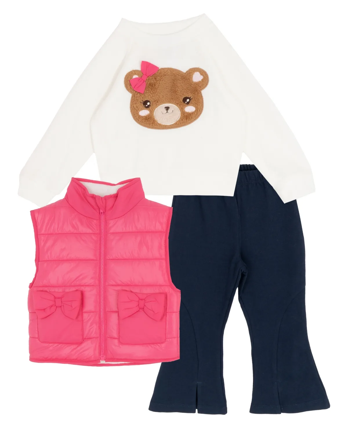 Puffer Vest, Hacci-Knit Teddy-Bear Applique Sweatshirt and Pants, 3-Piece Set by Rare Editions
