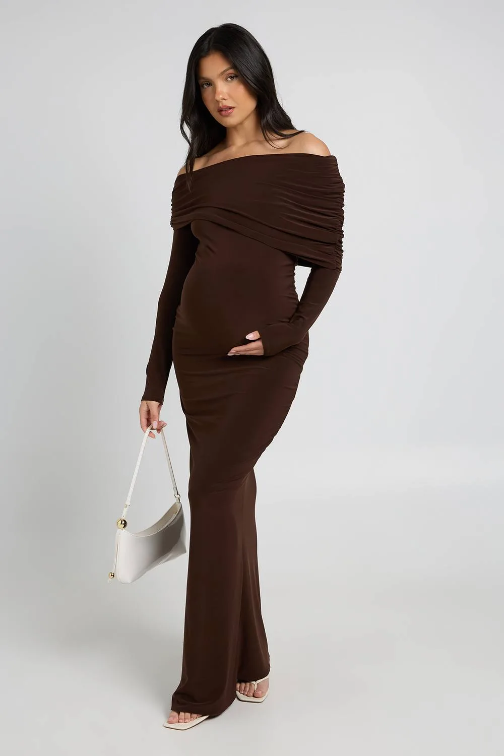 Maternity Double Slinky Bardot Long Sleeve Maxi Dress by boohoo