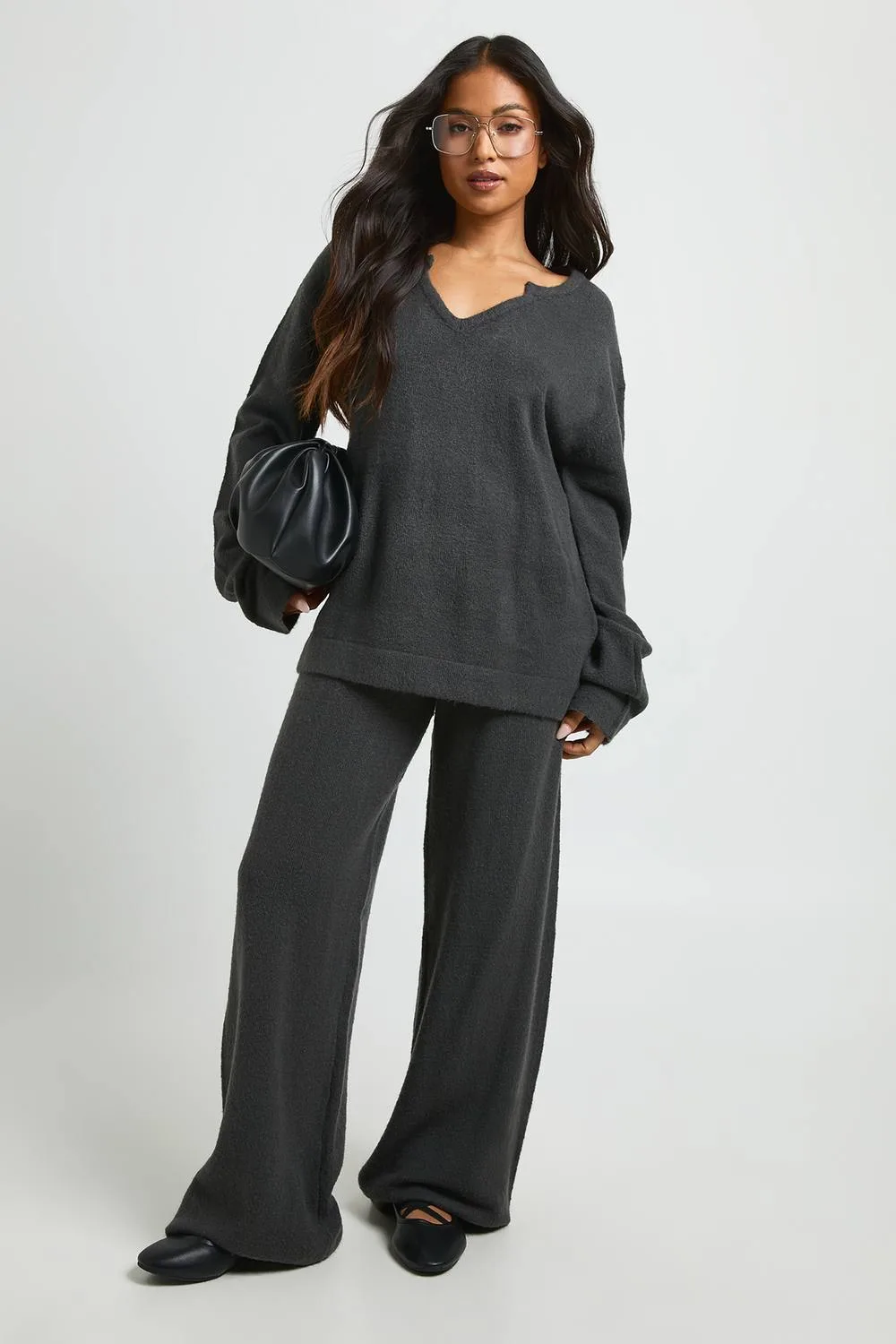 V Neck Detail Jumper & Wide Leg Trouser Co-Ord by boohoo