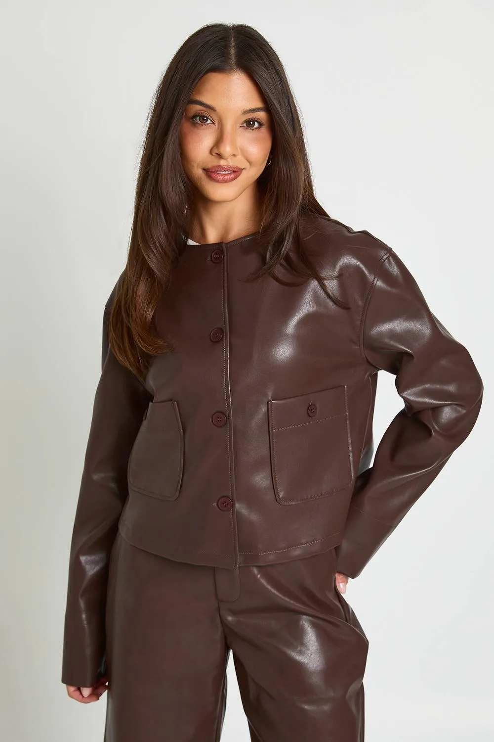 Faux Leather Boxy Collarless Shirt by boohoo