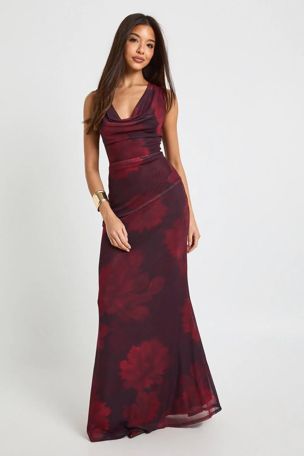 Tonal Floral Mesh Cowl Neck Maxi Dress by boohoo