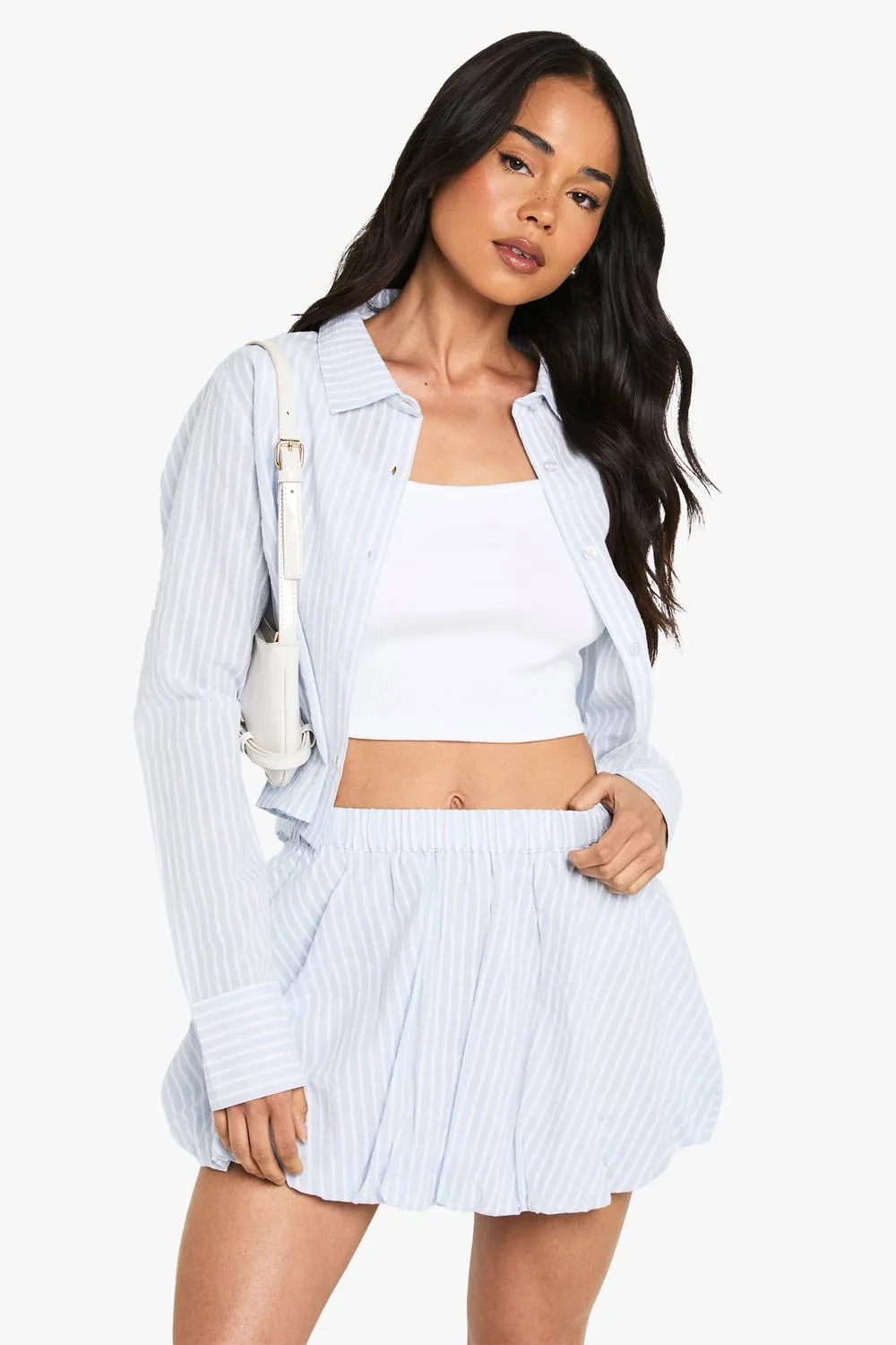 Cotton Stripe Elasticated Waist Puffball Mini Skirt by boohoo