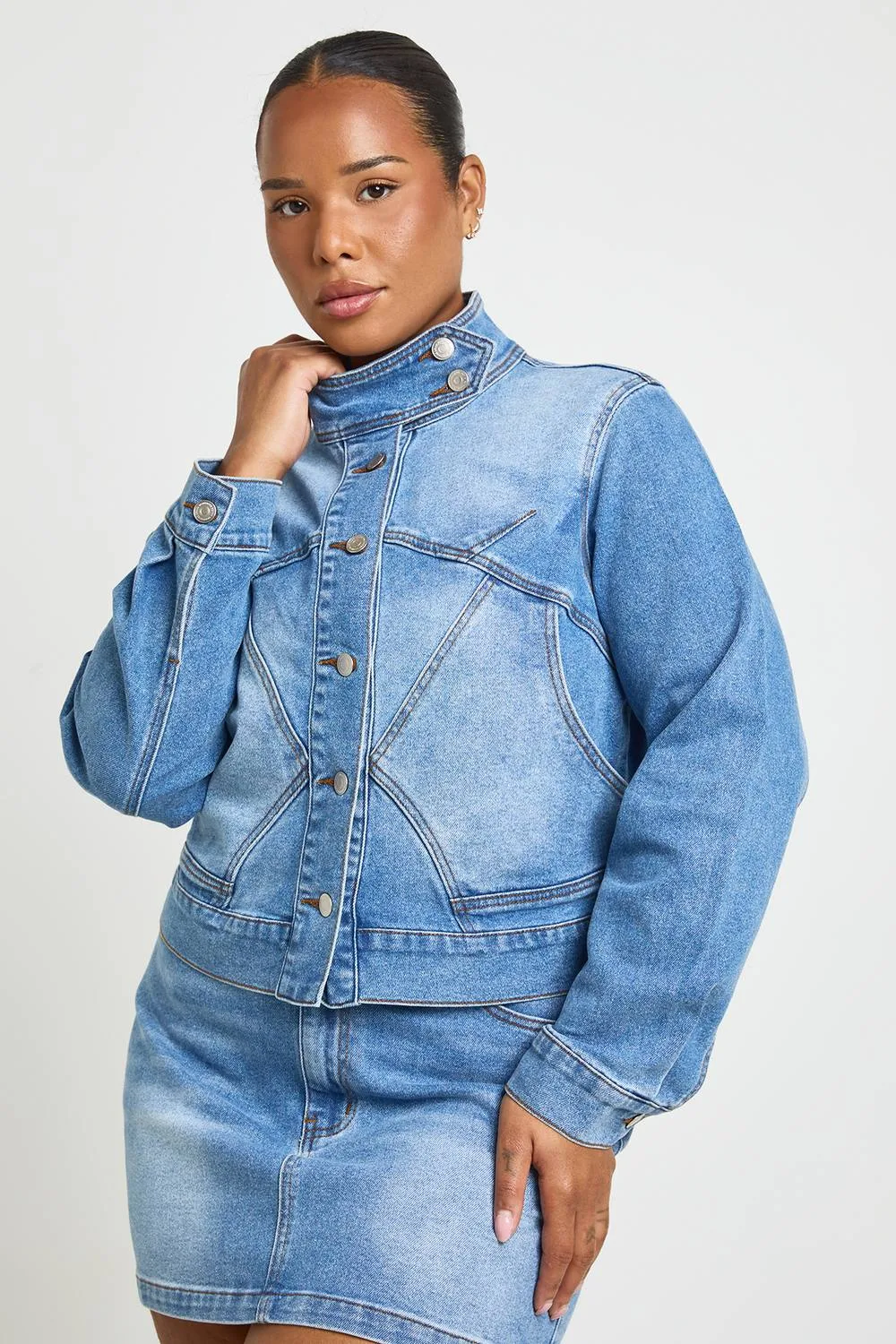 Slim Fit Funnel Neck Seam Detail Denim Jacket by boohoo