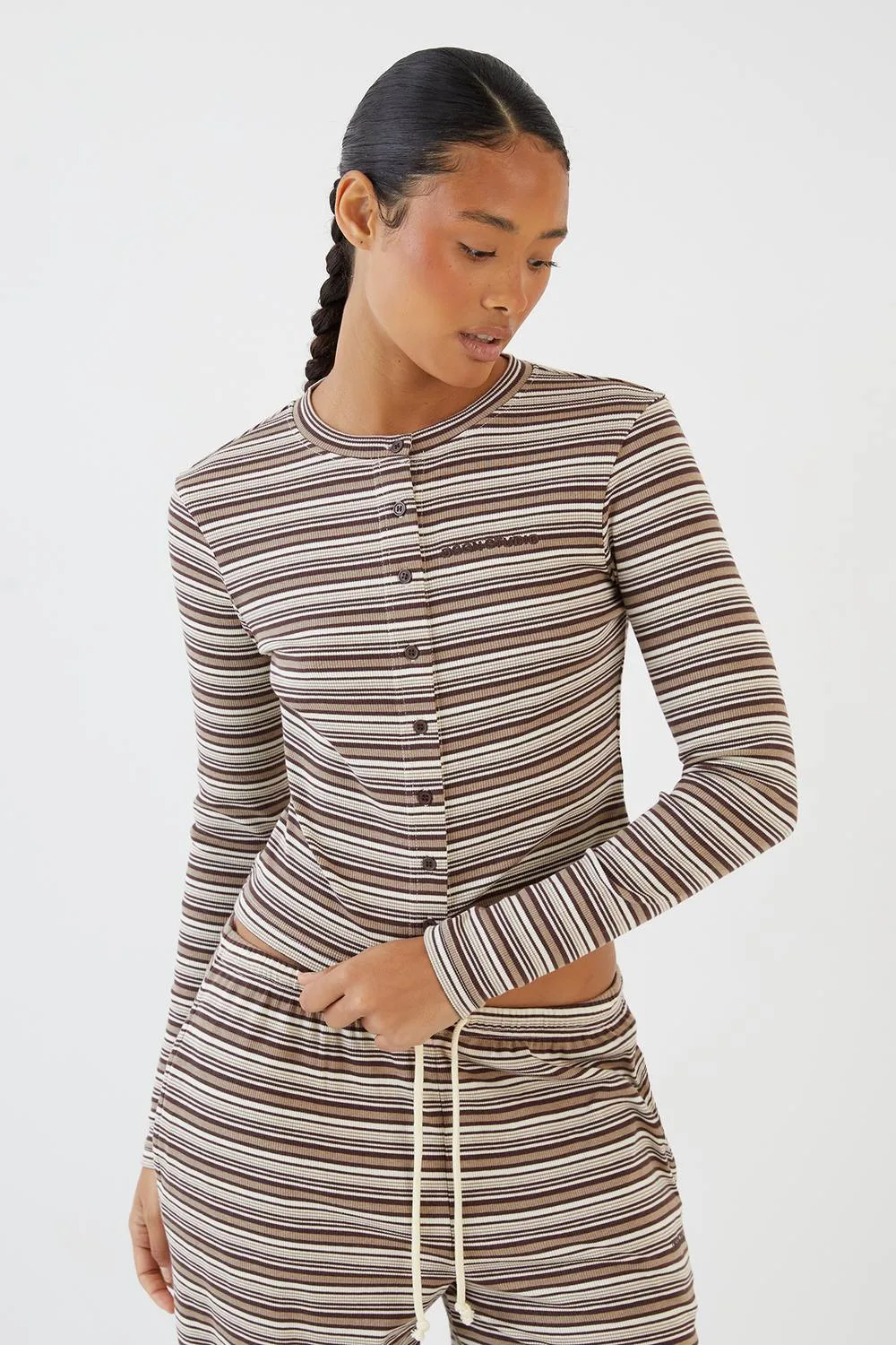 Stripe Button Through Long Sleeve Top by DSGN Studio
