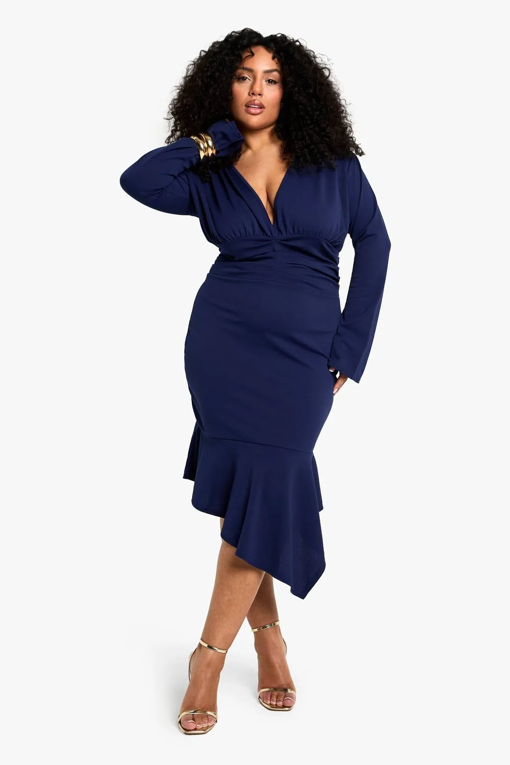 Asymmetric Plunge Midi Dress by boohoo