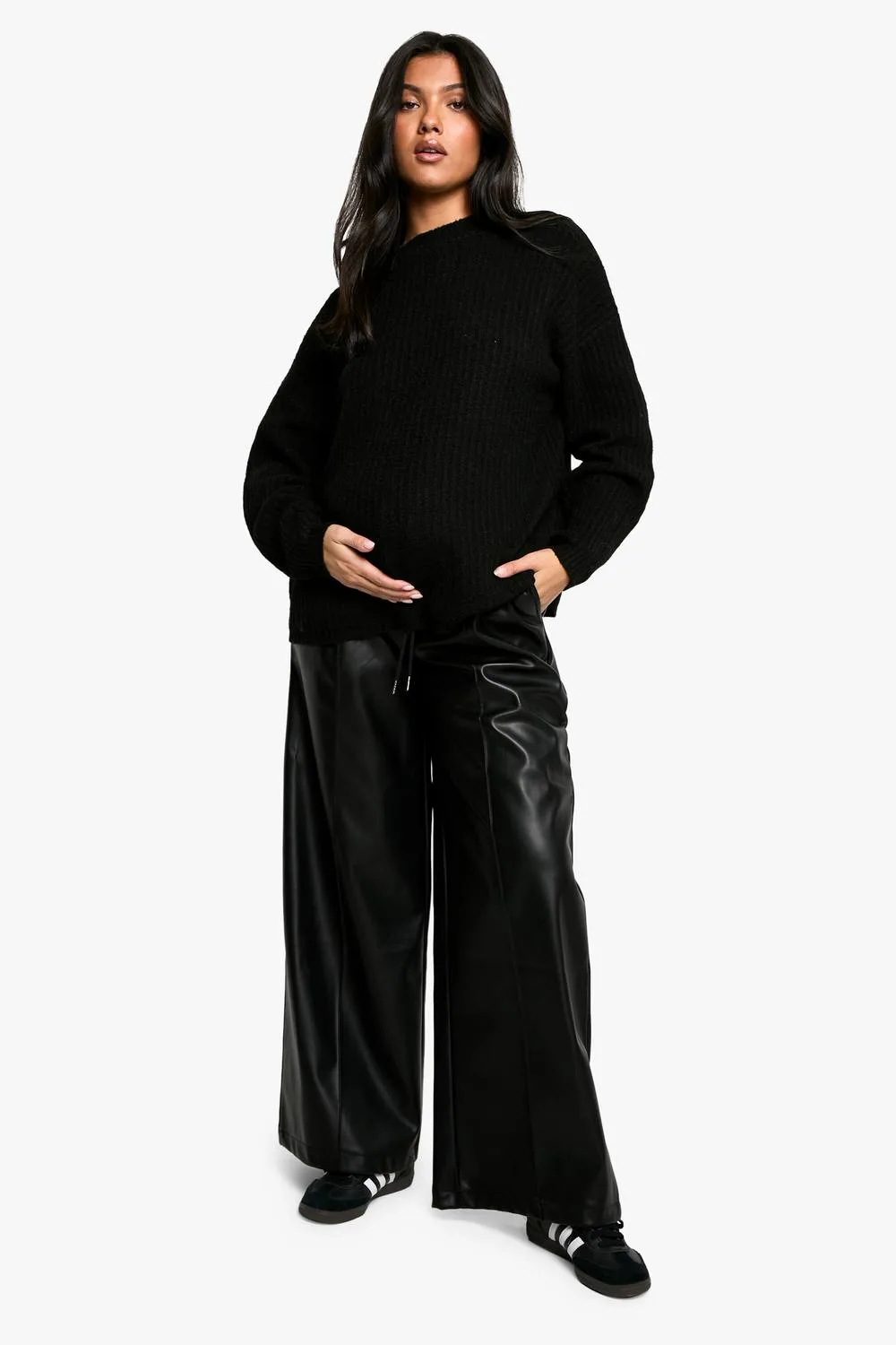 Elasticated Waist Pu Wide Leg Jogger Pants by boohoo