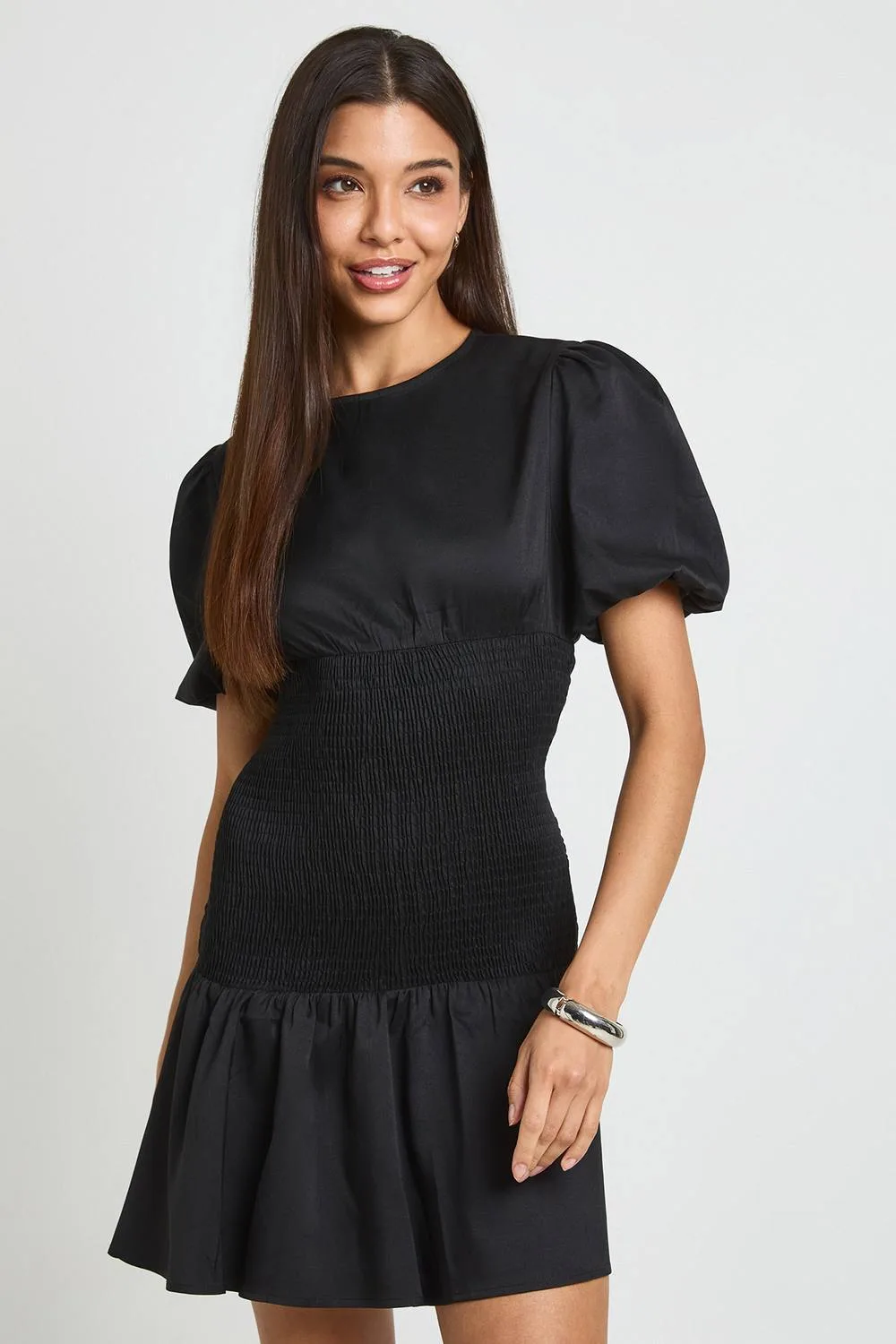 Shirred Waist Mini Dress with Drop Hem by boohoo