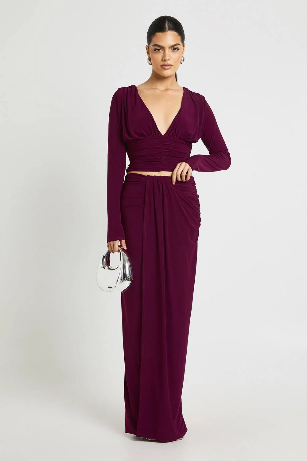 Double Layer Slinky Ruched Front Maxi Skirt by boohoo