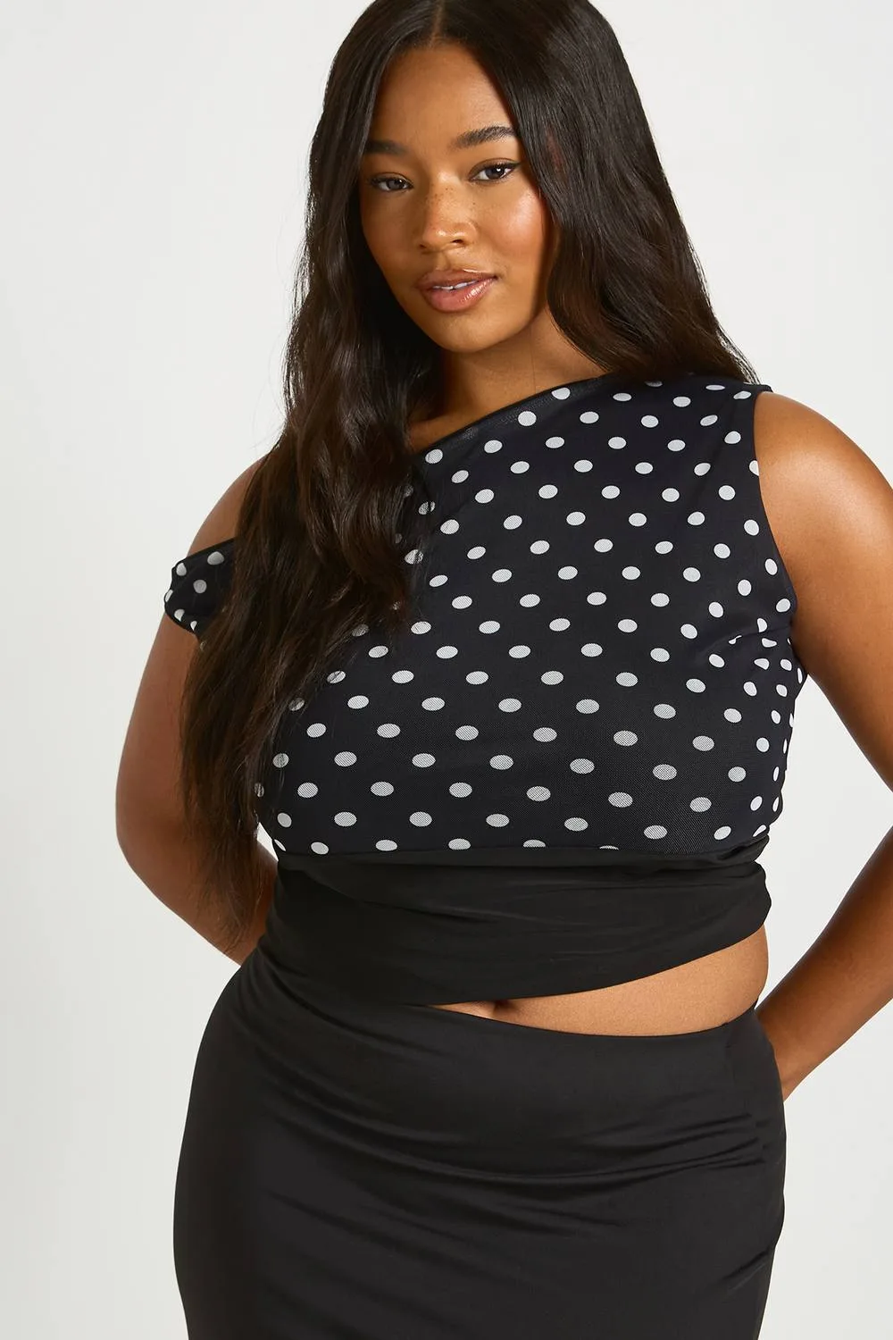 Mesh Off-Shoulder Deep Waistband Polka Dot Top by boohoo