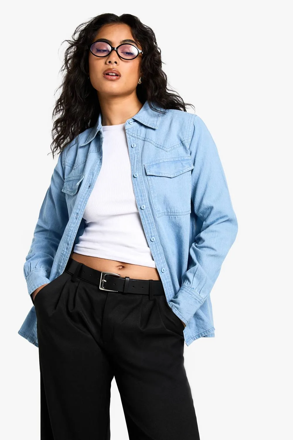 Chambray Denim Long Sleeve Shirt by boohoo