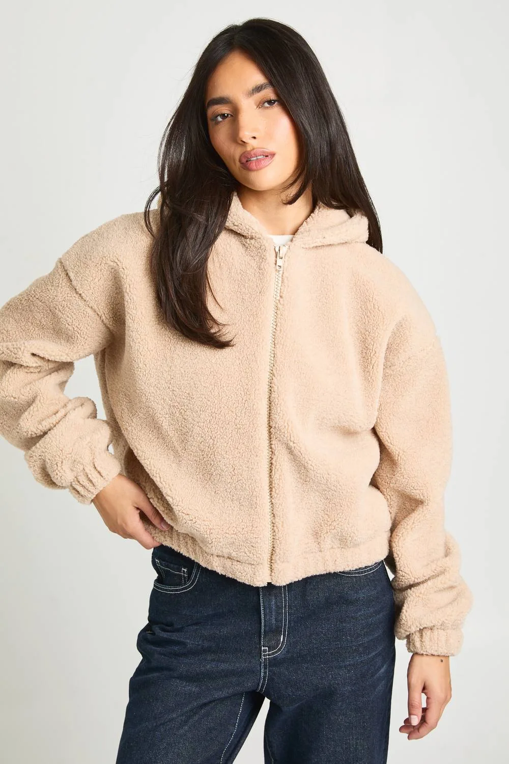 Hooded Teddy Bomber Jacket - Stone