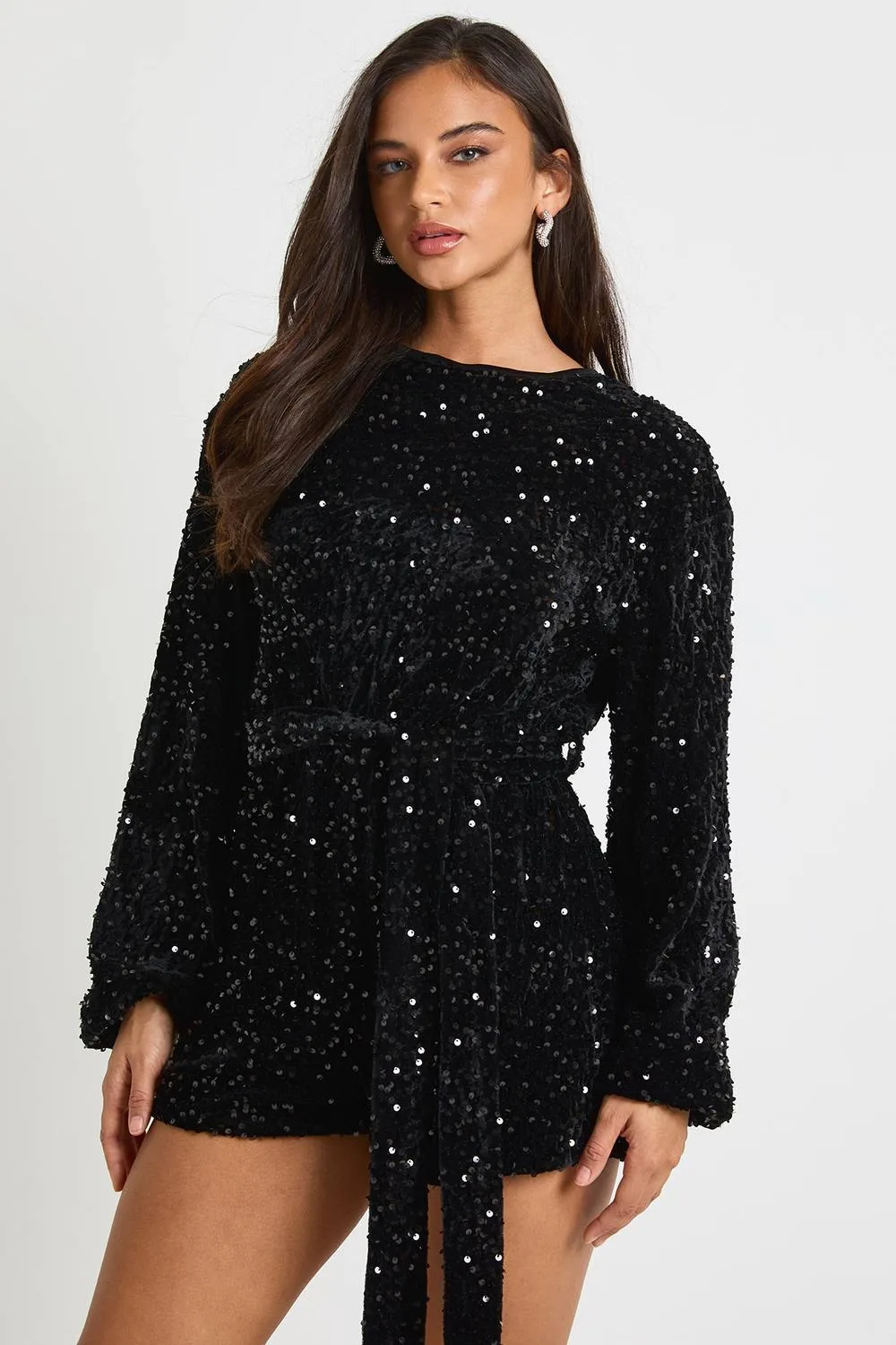 Sequin Extreme Sleeve Belted Playsuit by boohoo