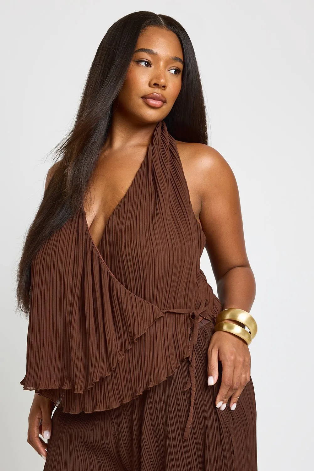 Plisse Halter Neck Wrap Over Tie Top by boohoo