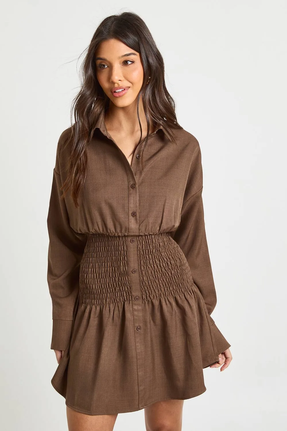 Textured Shirred Waist Shirt Dress by boohoo