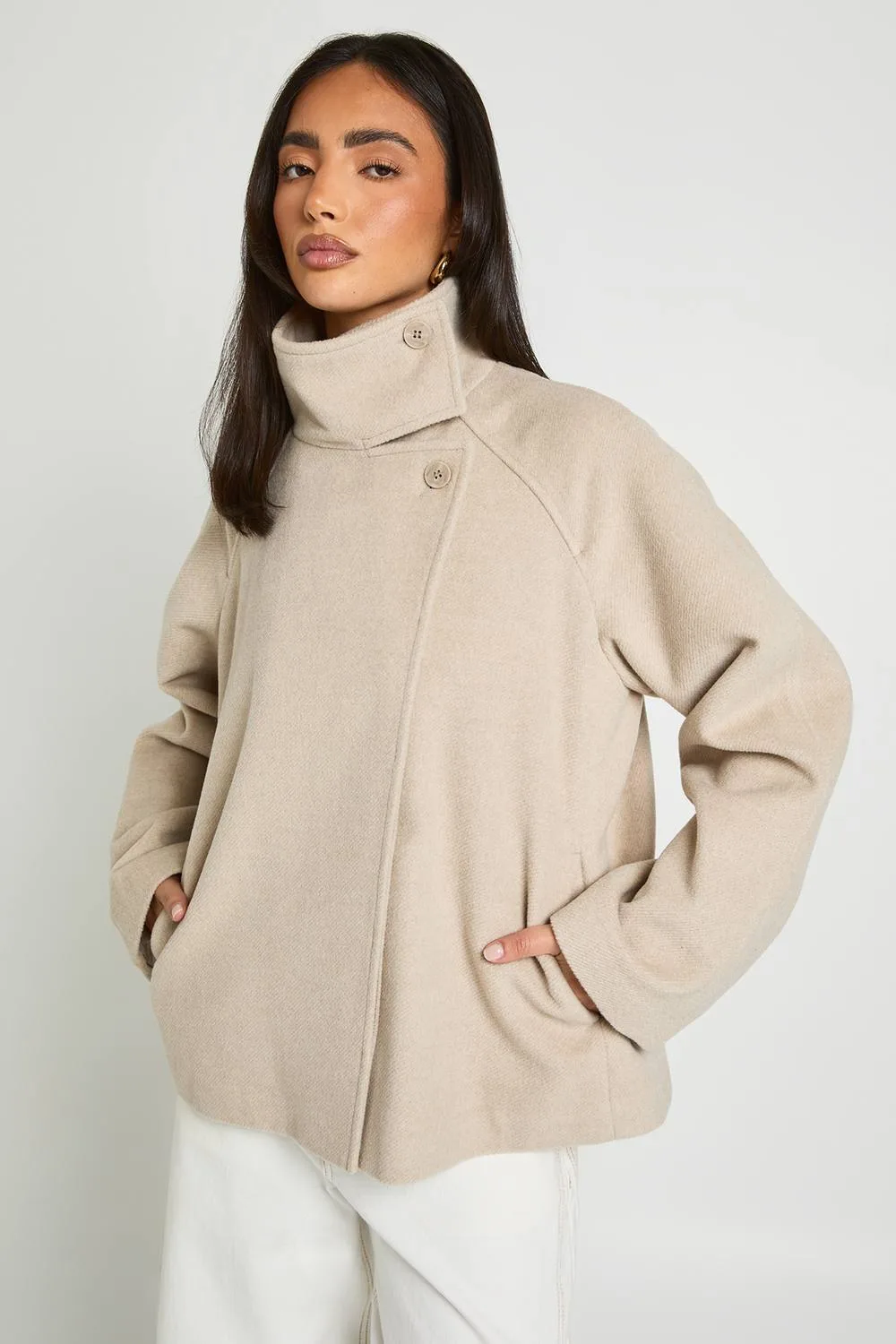 Funnel Neck Wool Look Jacket - Stone by boohoo