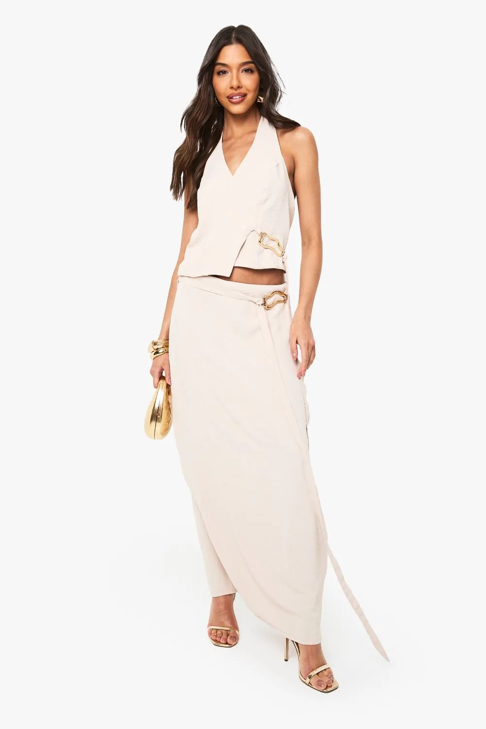 Gold Buckle Tie Detail Maxi Skirt - Stone by boohoo