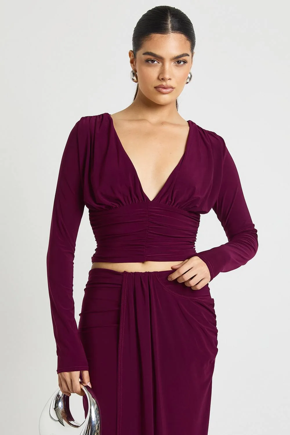 Double Layer Slinky Plunge Front Ruched Long Sleeve Top by boohoo