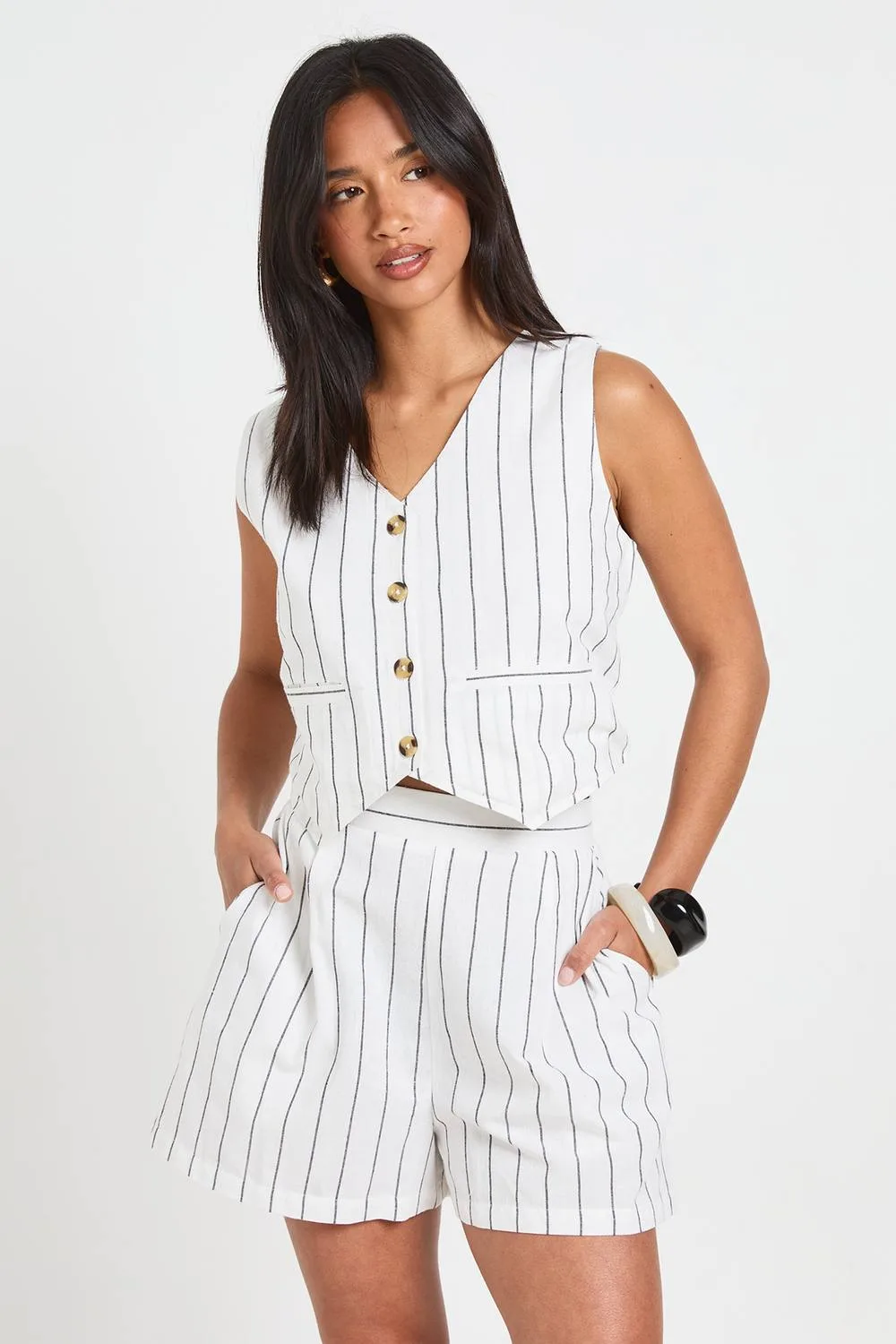 Linen Look Striped Waistcoat & Relaxed Fit Shorts by boohoo