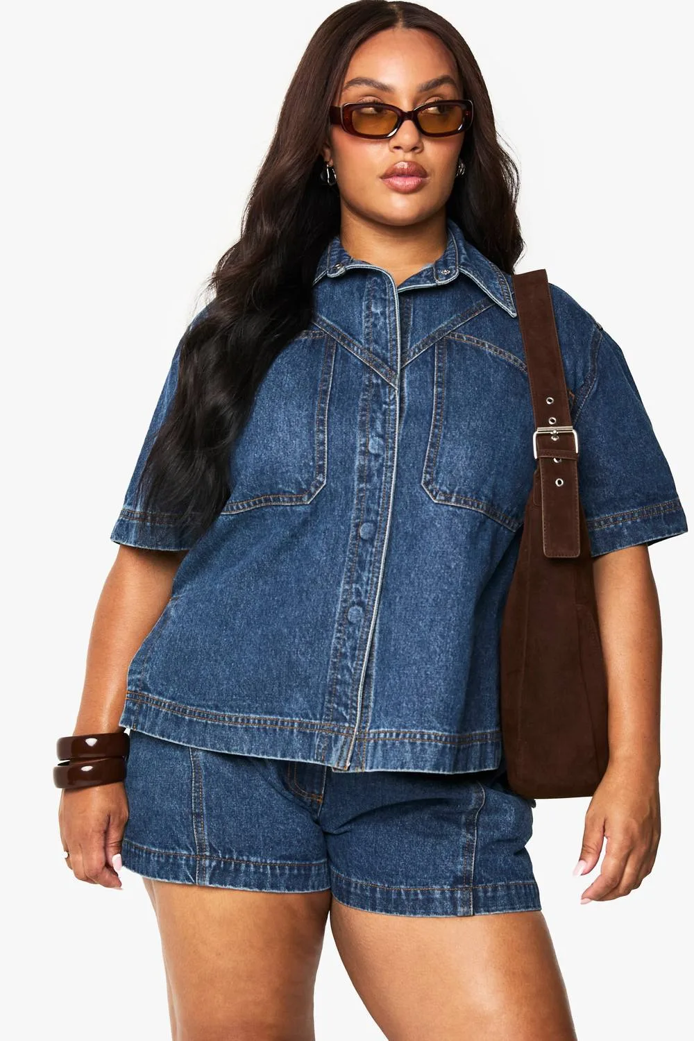 Denim Short Sleeve Longline Shirt by boohoo