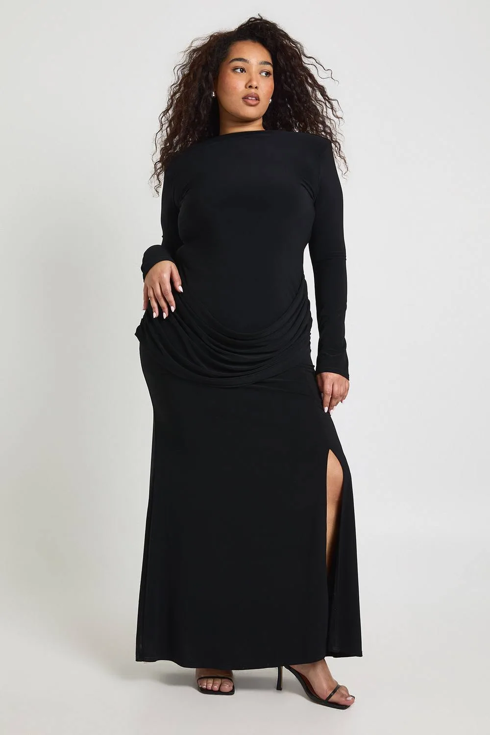 Shoulder Pad Long Sleeve Draped Skirt Detail Maxi Dress