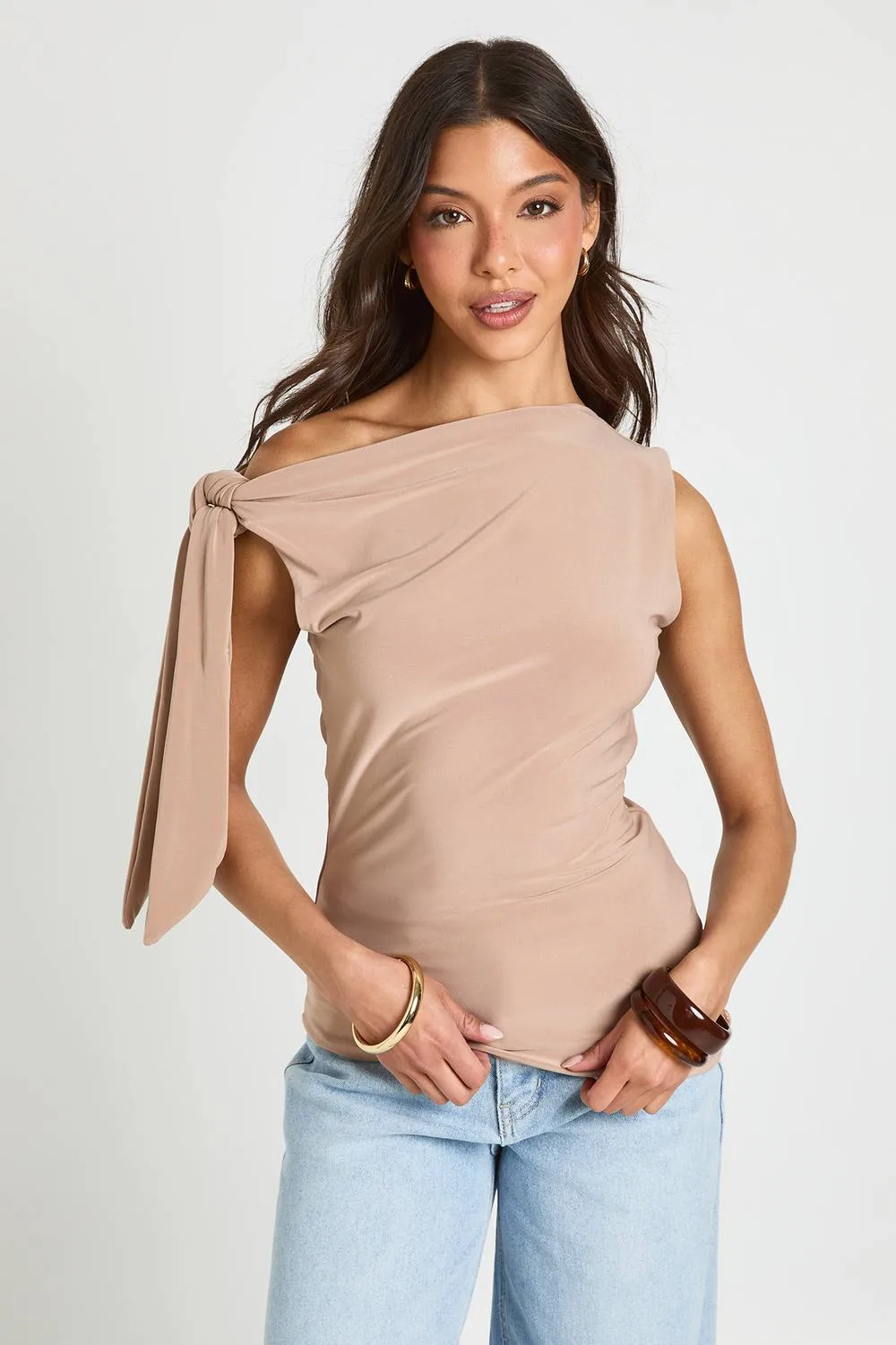 Matte Slinky High Neck Tie Shoulder Top - Stone by boohoo