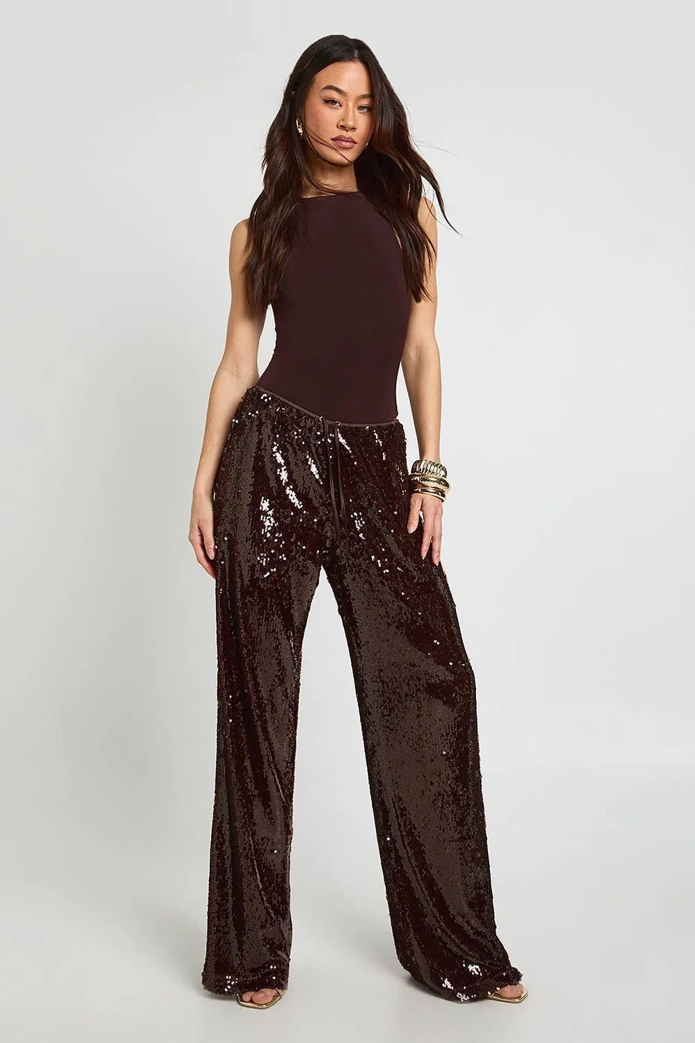 Low Rise Drawcord Waistband Sequin Trouser by boohoo