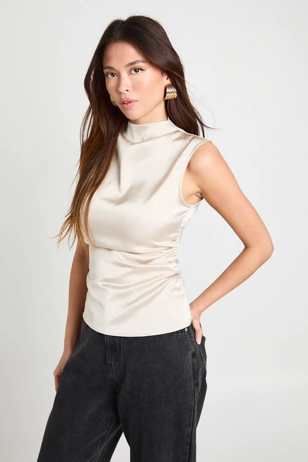 Satin High Neck Ruched Top by boohoo