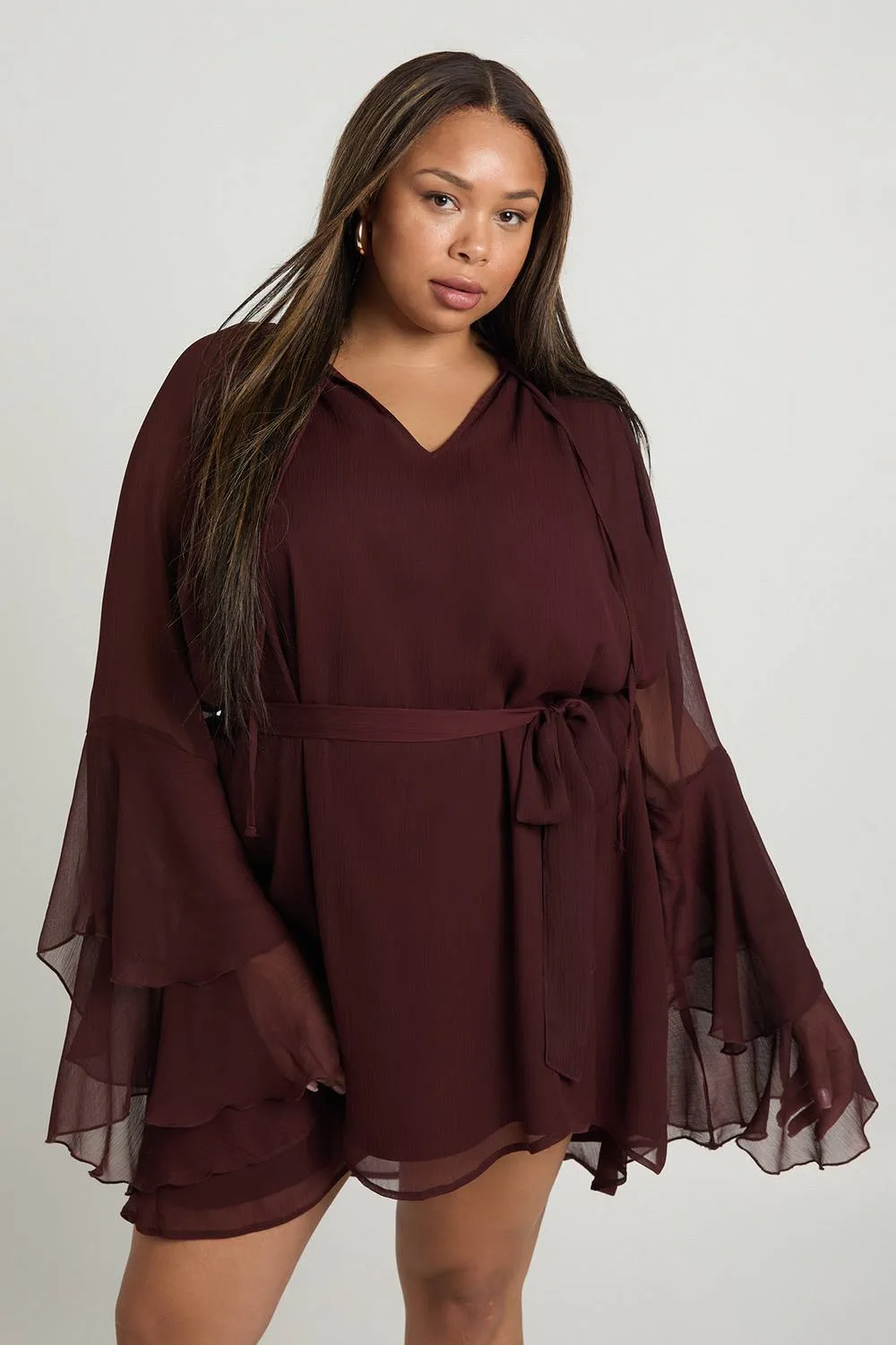 Chiffon Flared Sleeve Skater Dress by boohoo