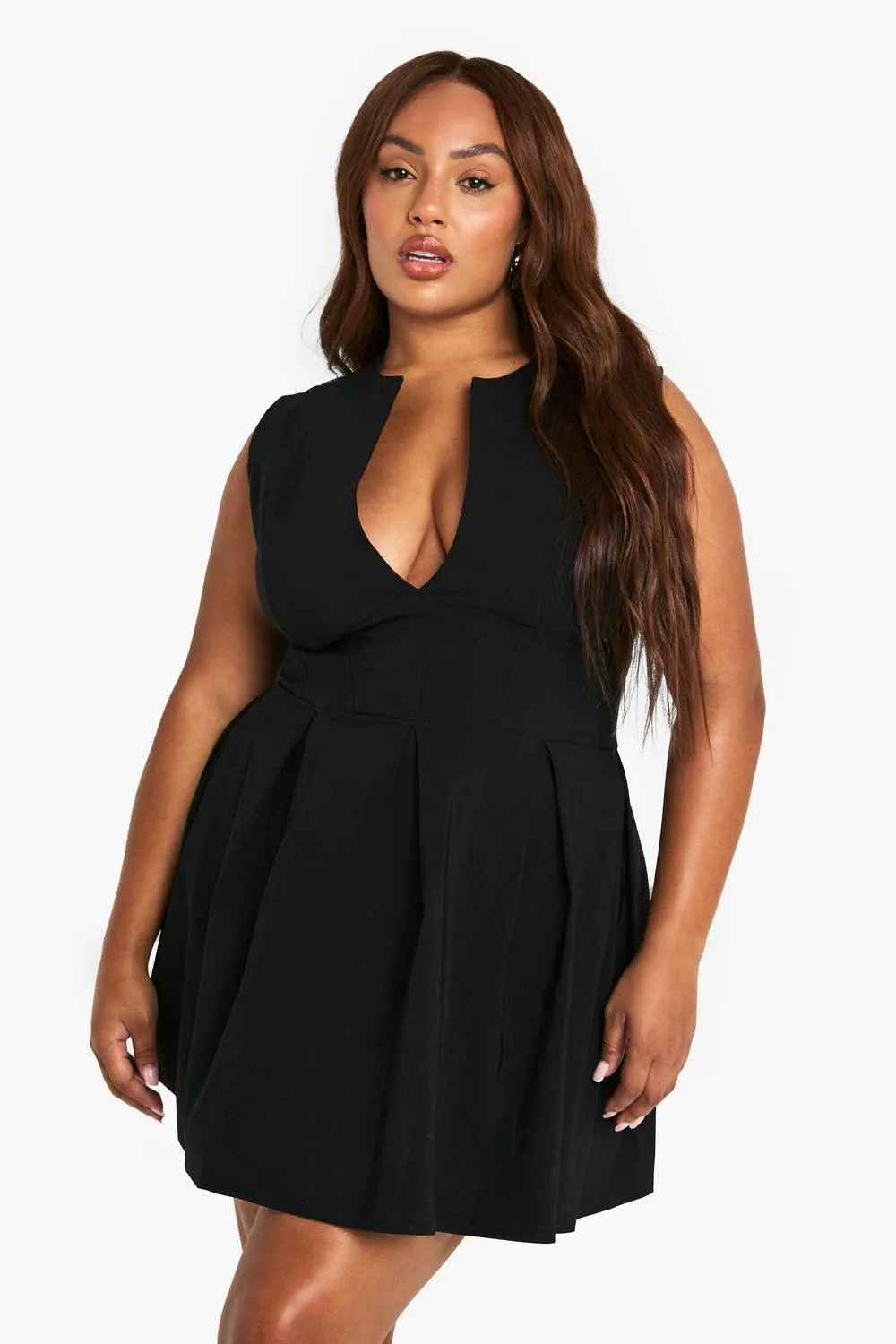 Corset Detail Plunge Pleated Hem Dress by boohoo