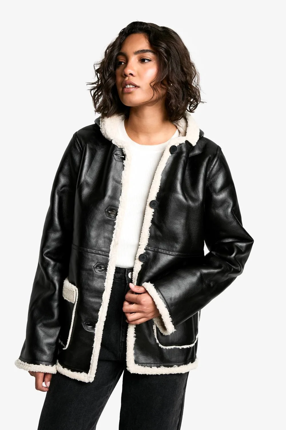 Borg Lined Faux Leather Hooded Coat by boohoo