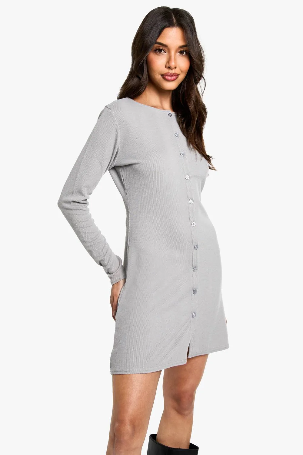 Ribbed Button Down Smock Mini Dress by boohoo